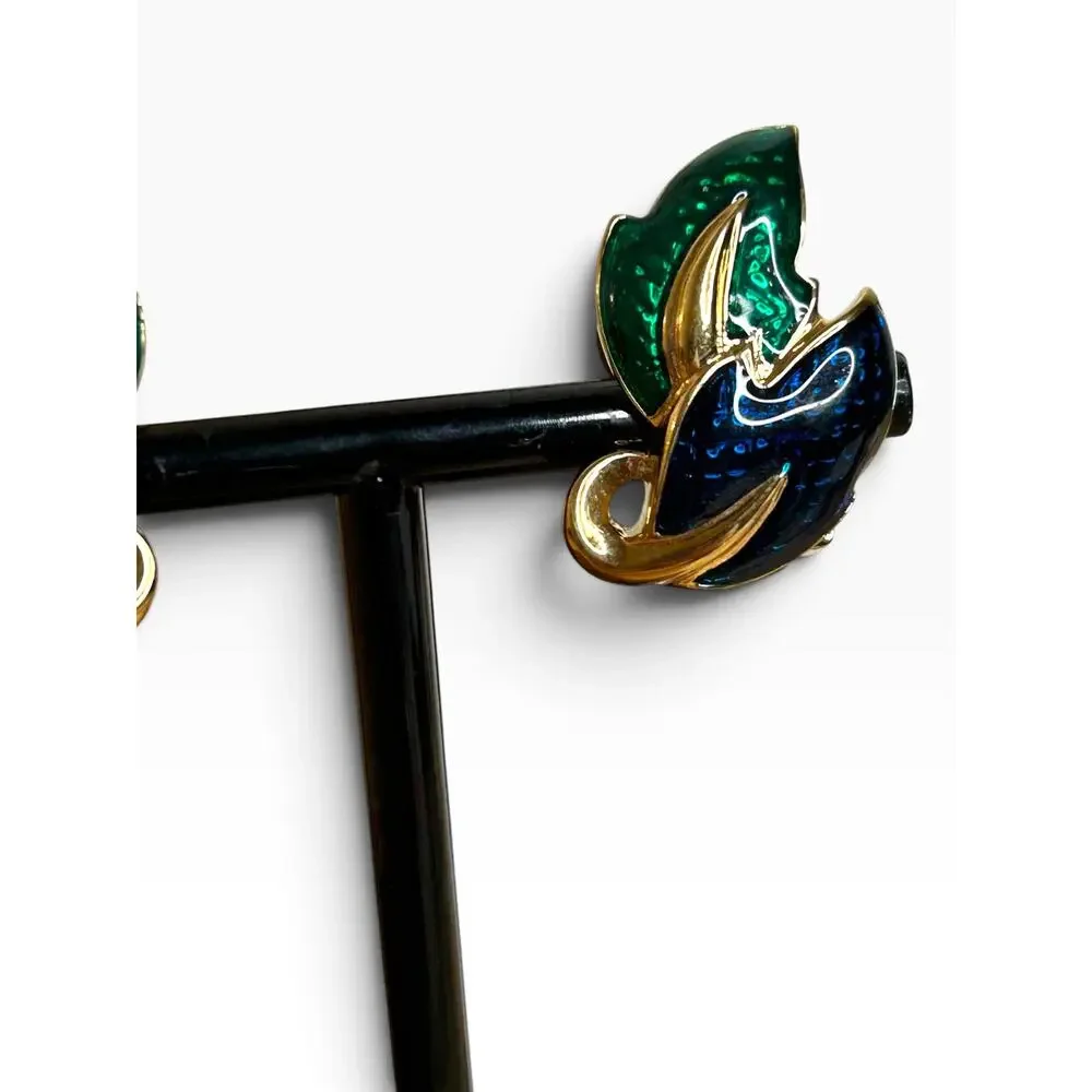 Vtg Retro Peacock Blue Emerald Green Enamel Leafy Gold Tone Clip On Earrings